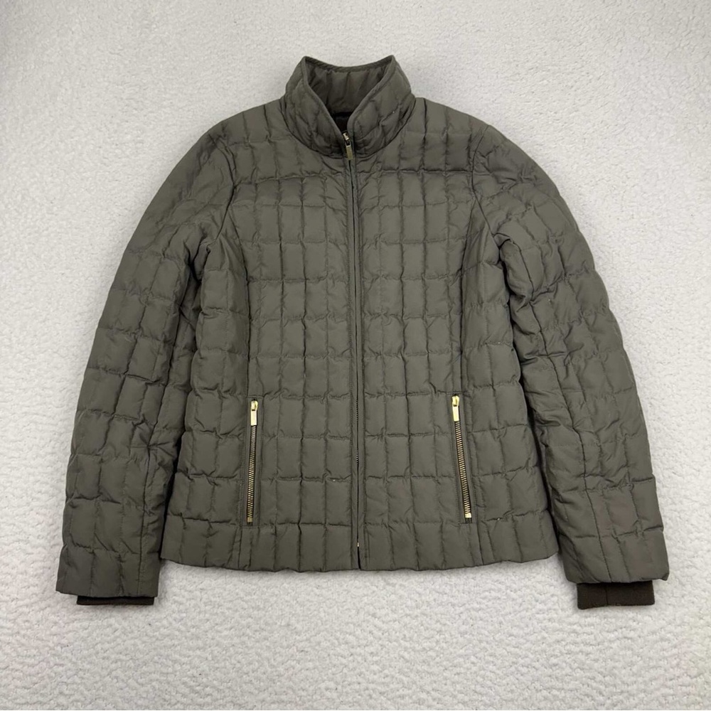 J. Crew Olive Puffer Jacket with Gold Accents